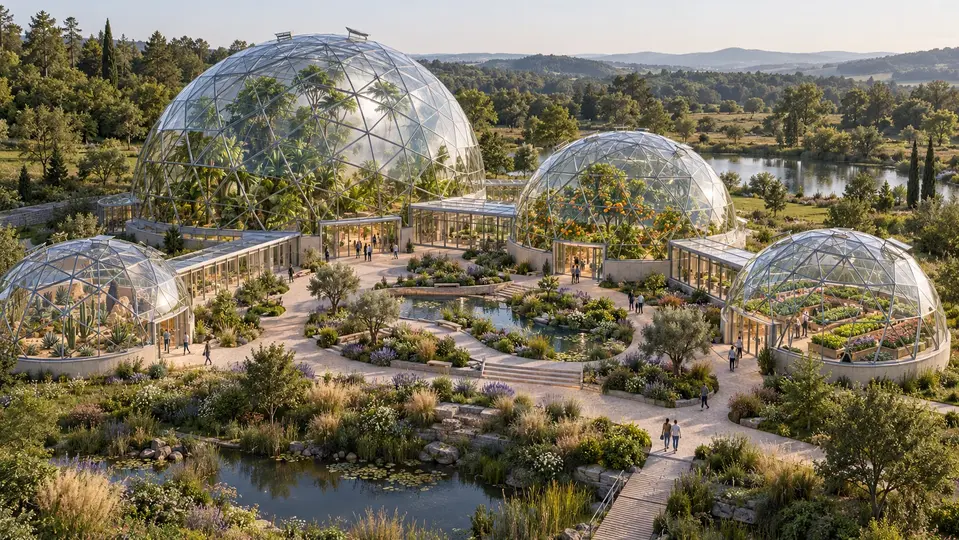 Concept IA d'un complexe botanique modulaire avec dômes reliés et jardin central