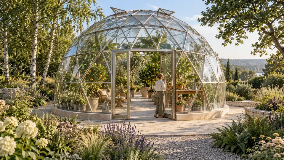 Concept IA d'une orangerie de verre isolée avec agrumes et un espace d'entretien