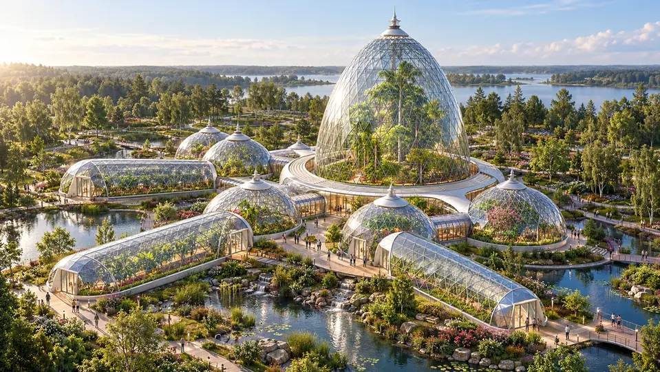 Haut biome central avec modules géodésiques et galeries — concept IA d'après la géométrie d'archive GEODOMAS