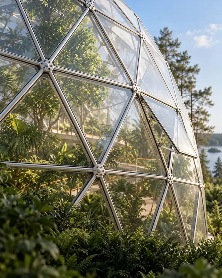 Concept IA d'une enveloppe géodésique transparente et d'un ouvrant