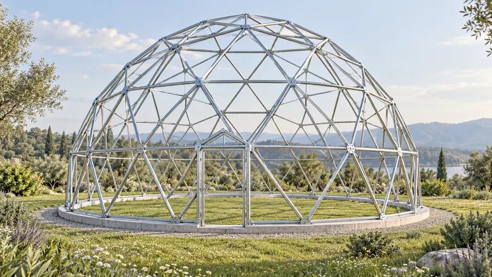 Concept IA d'une ossature géodésique métallique à réseau triangulaire