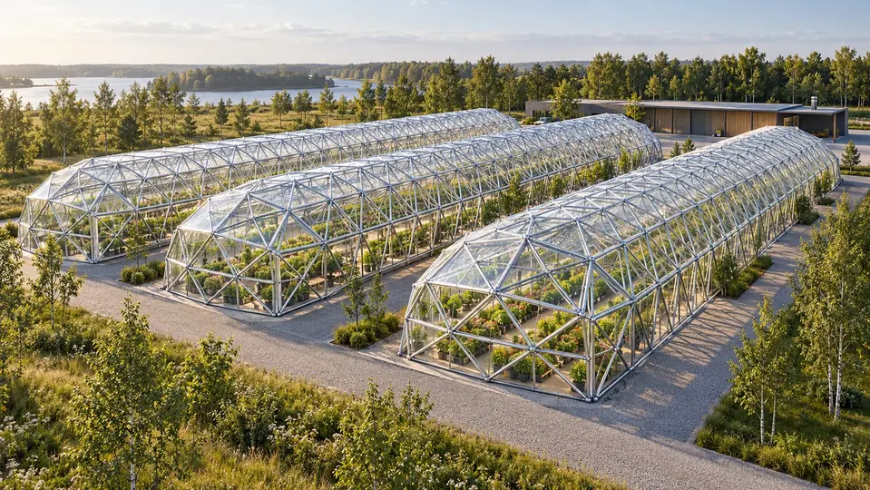 Structure modulaire de serre industrielle — nouvelle conception architecturale IA
